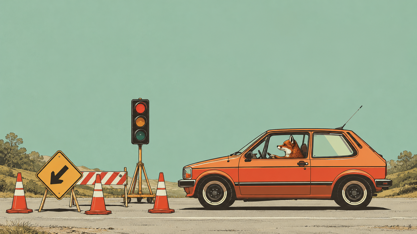 Illustration of a car waiting at temporary traffic lights on a lower North Island road