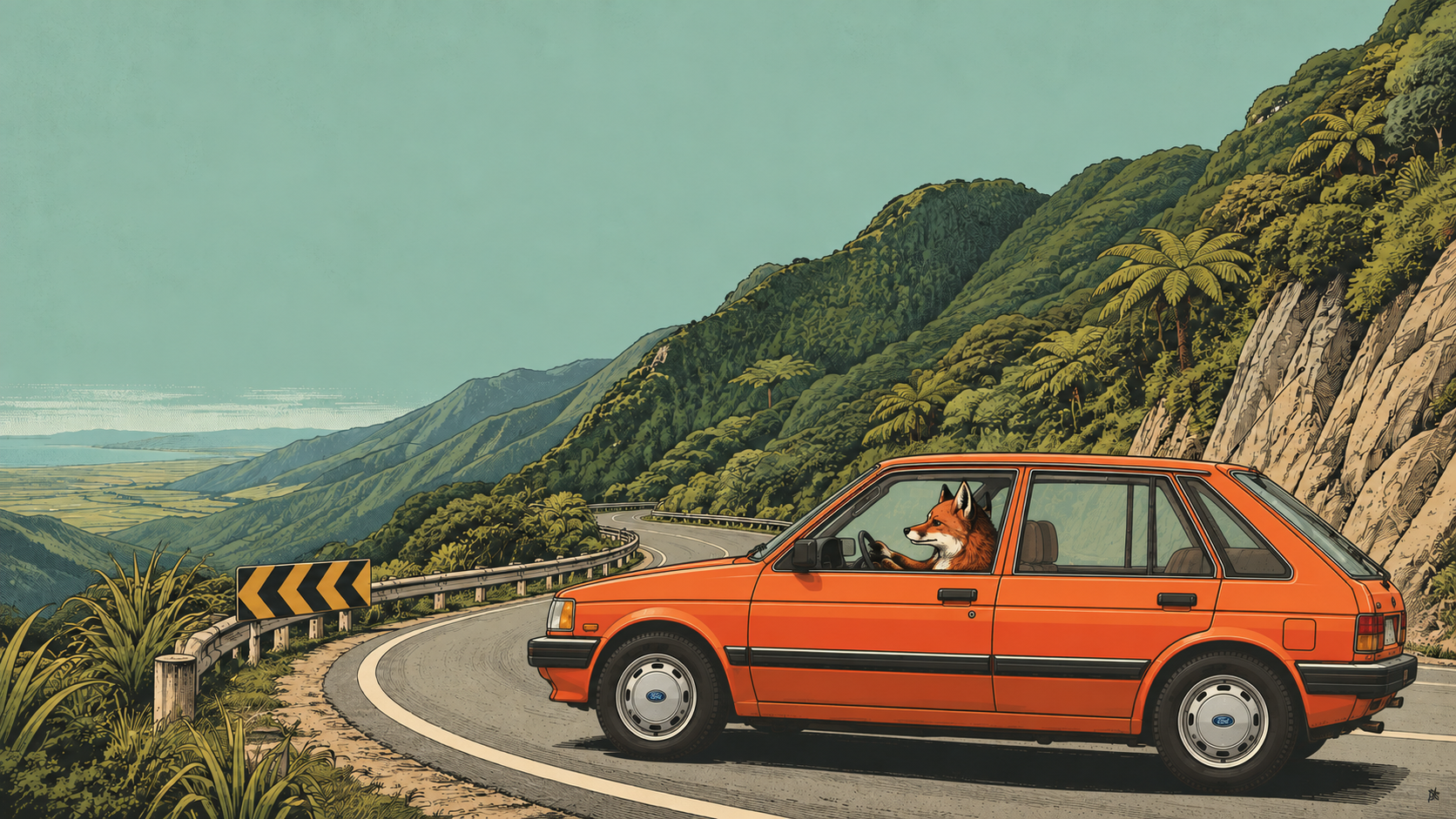 Illustration of a fox driving an orange hatchback around a guarded mountain bend with tree ferns and a coastal plain below