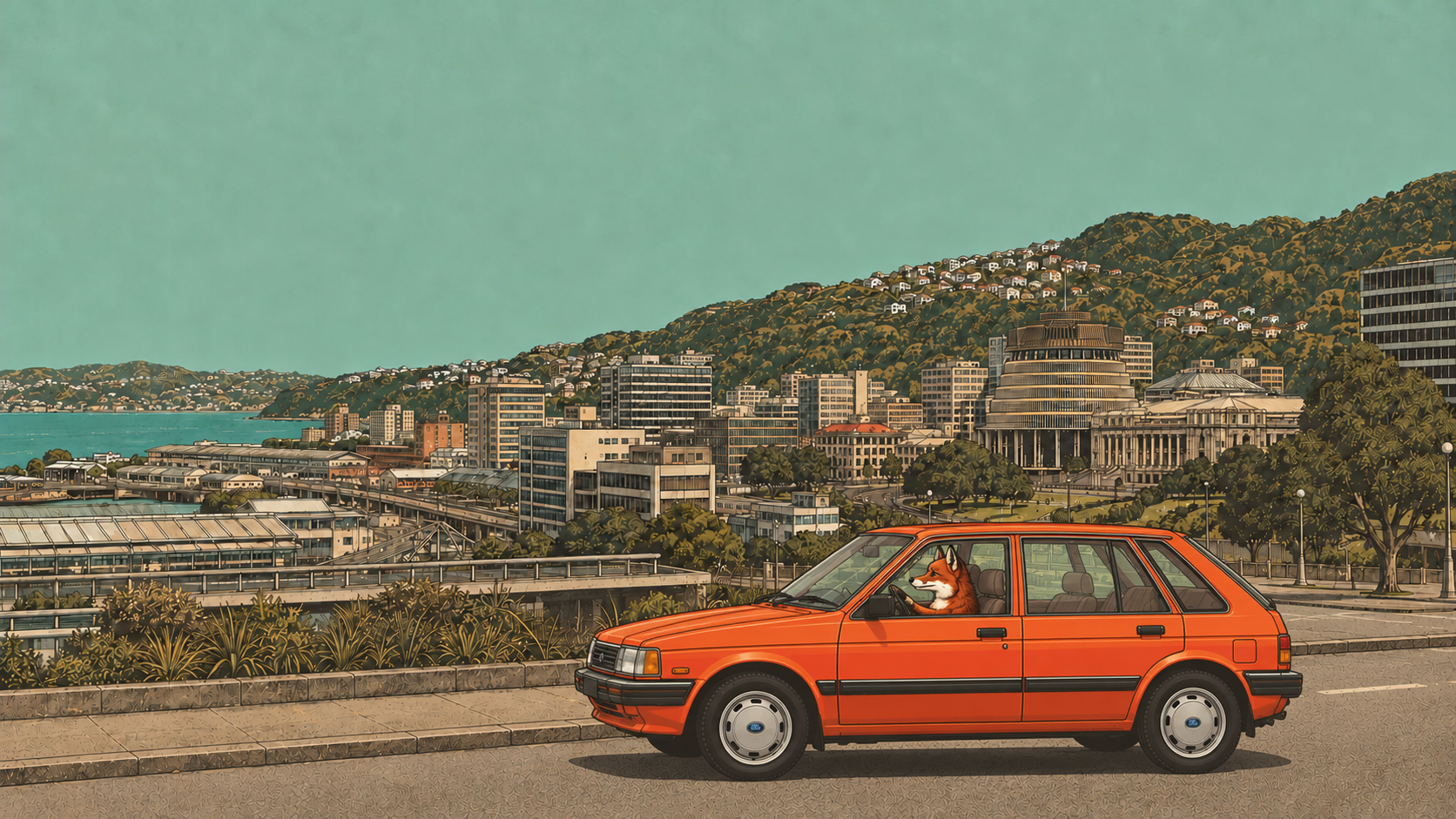 Illustration of a fox driving an orange hatchback along a hillside road with the Wellington cityscape, Beehive and harbour behind