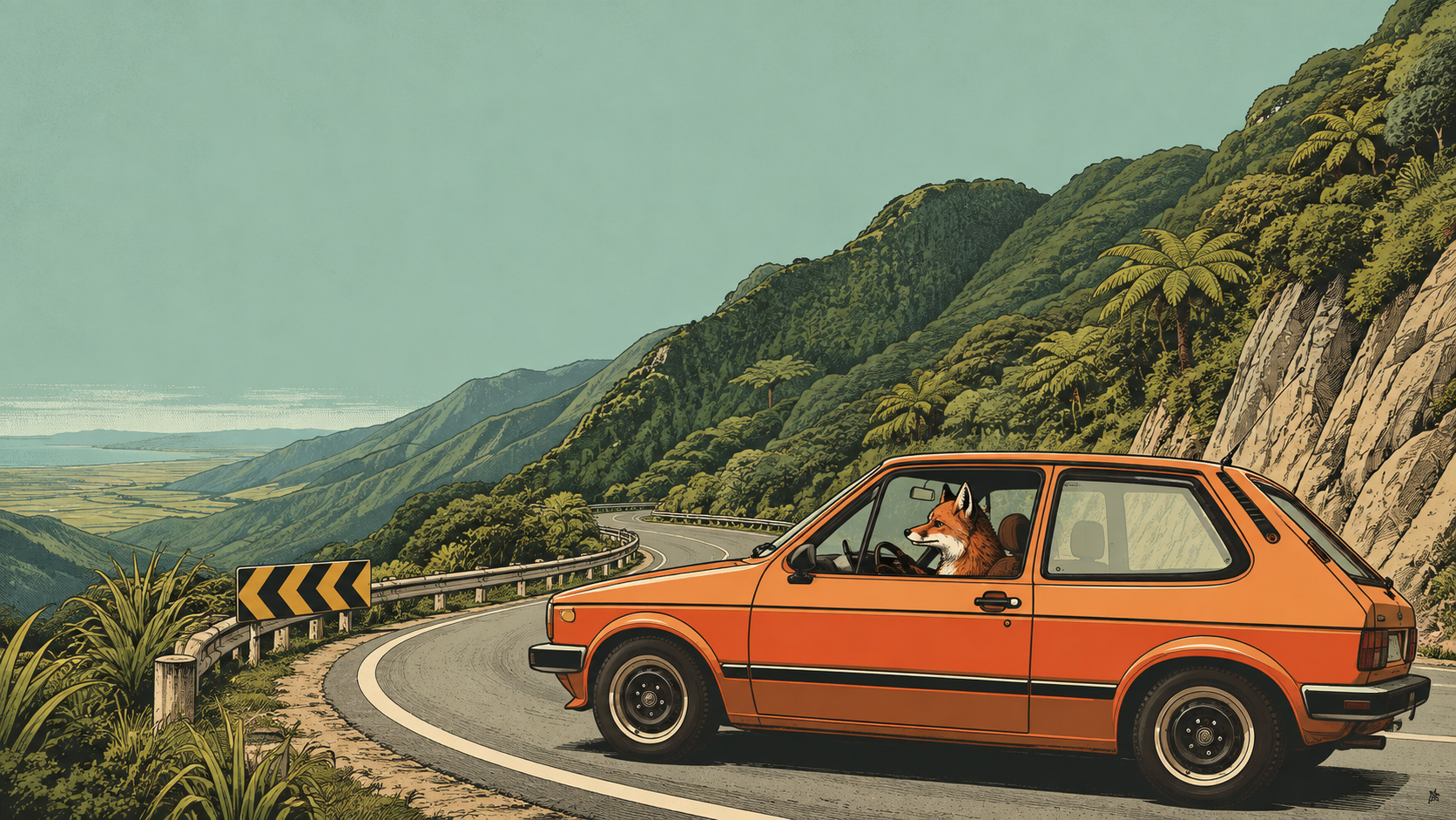 Illustration of a coastal lower North Island highway winding through bush-covered hills